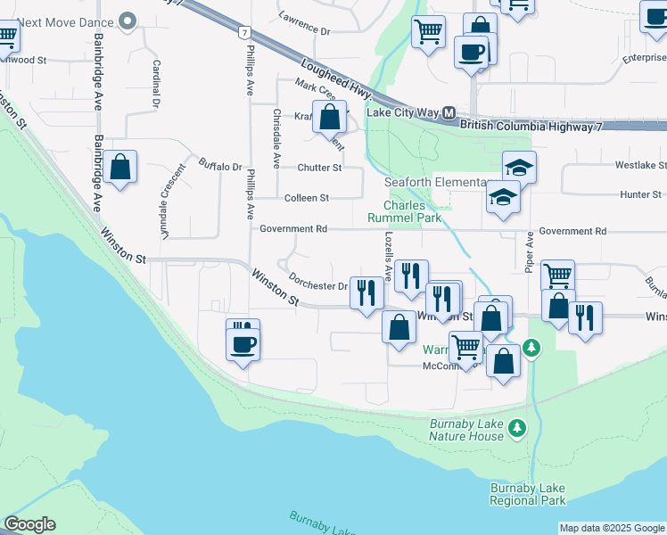 map of restaurants, bars, coffee shops, grocery stores, and more near 3803 Epping Court in Burnaby