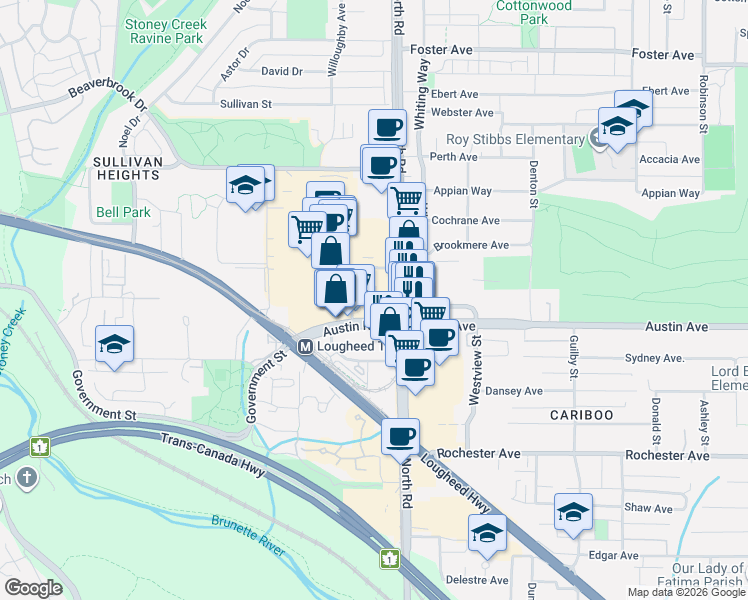 map of restaurants, bars, coffee shops, grocery stores, and more near 3833 Evergreen Place in Burnaby