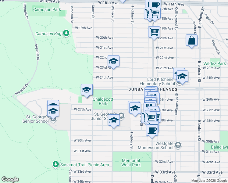 map of restaurants, bars, coffee shops, grocery stores, and more near 4000 West King Edward Avenue in Vancouver