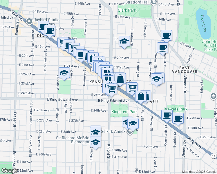 map of restaurants, bars, coffee shops, grocery stores, and more near 3903 Knight Street in Vancouver