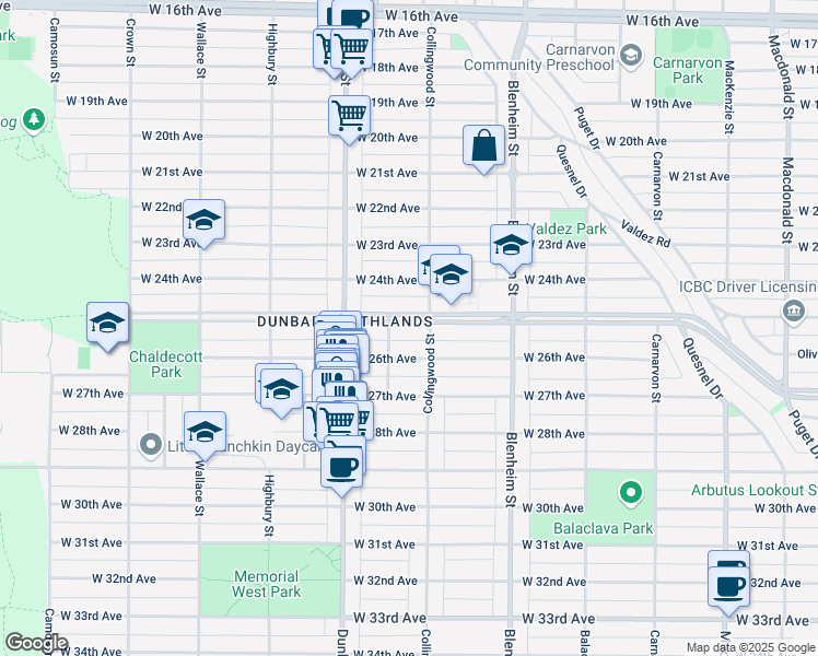 map of restaurants, bars, coffee shops, grocery stores, and more near 3526 West King Edward Avenue in Vancouver