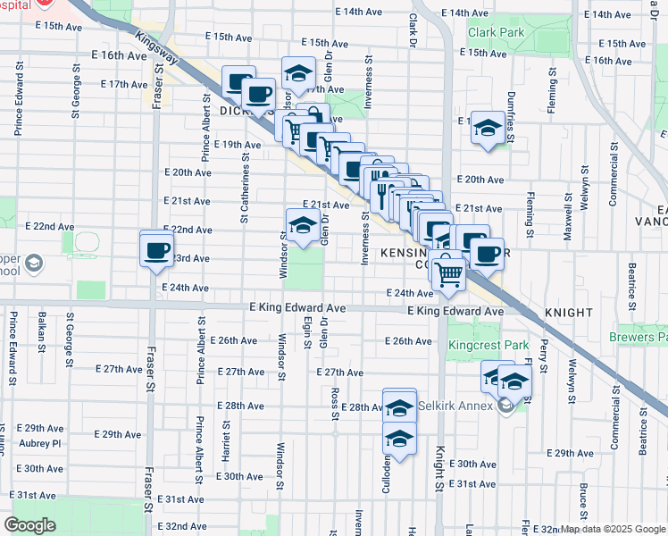 map of restaurants, bars, coffee shops, grocery stores, and more near 1120 East 23rd Avenue in Vancouver