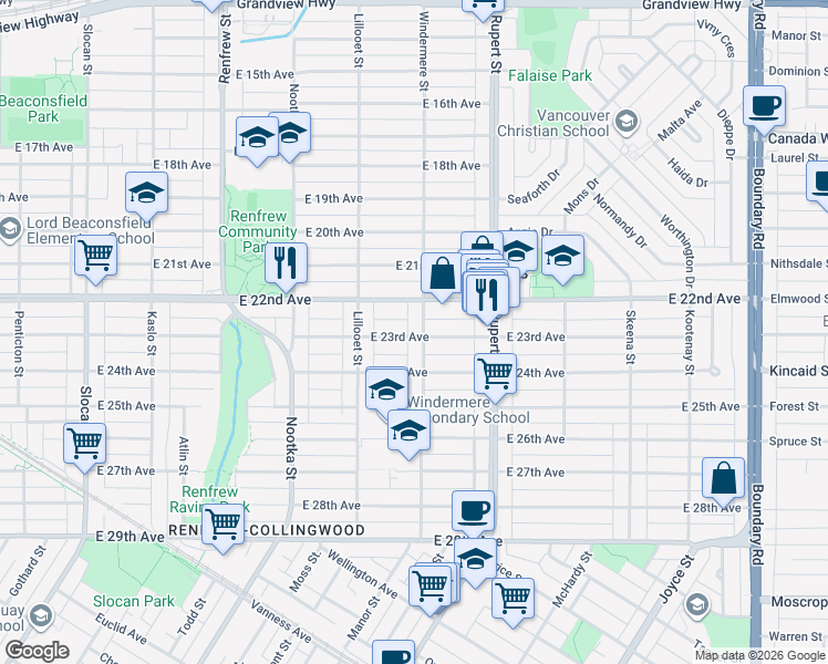 map of restaurants, bars, coffee shops, grocery stores, and more near 3895 Windermere Street in Vancouver