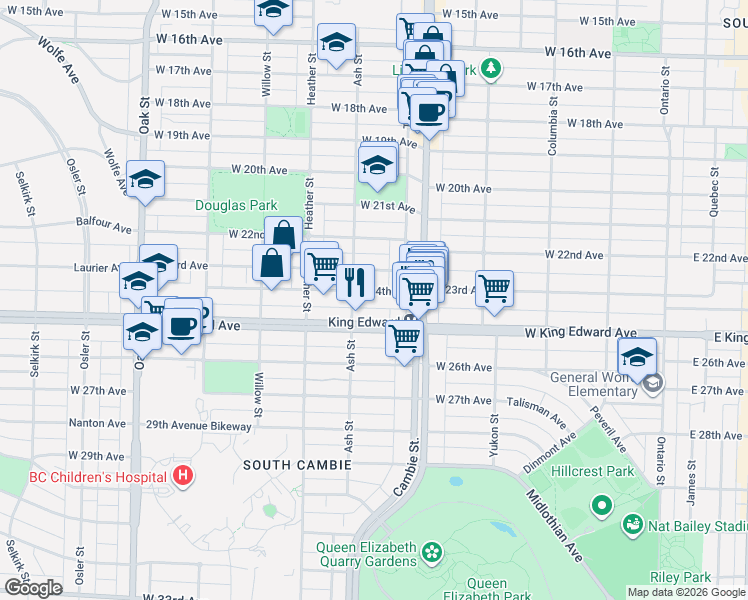 map of restaurants, bars, coffee shops, grocery stores, and more near 578 West 24th Avenue in Vancouver