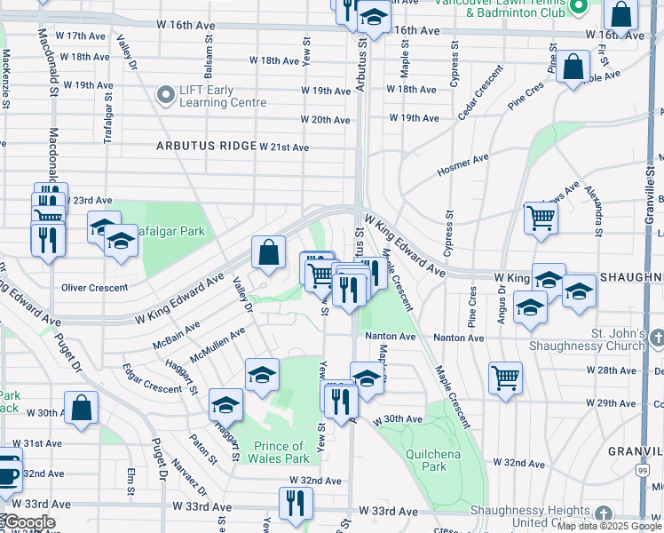 map of restaurants, bars, coffee shops, grocery stores, and more near 4103 Parkway Drive in Vancouver