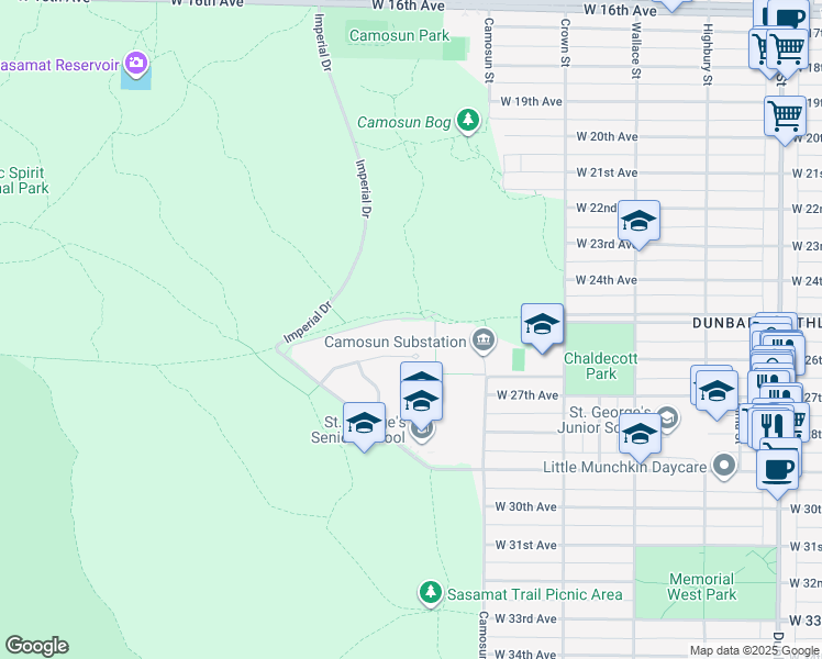 map of restaurants, bars, coffee shops, grocery stores, and more near 4166 West King Edward Avenue in Vancouver
