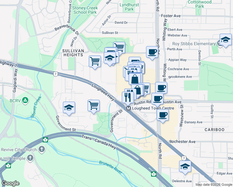 map of restaurants, bars, coffee shops, grocery stores, and more near in Burnaby