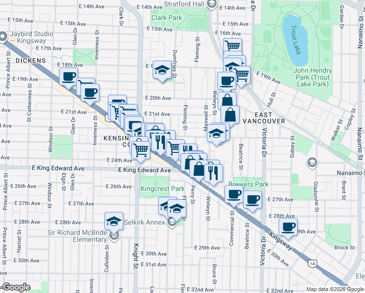 map of restaurants, bars, coffee shops, grocery stores, and more near 3968 Fleming Street in Vancouver