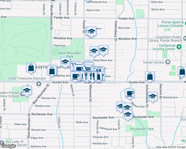 map of restaurants, bars, coffee shops, grocery stores, and more near 1105 Ridgeway Avenue in Coquitlam