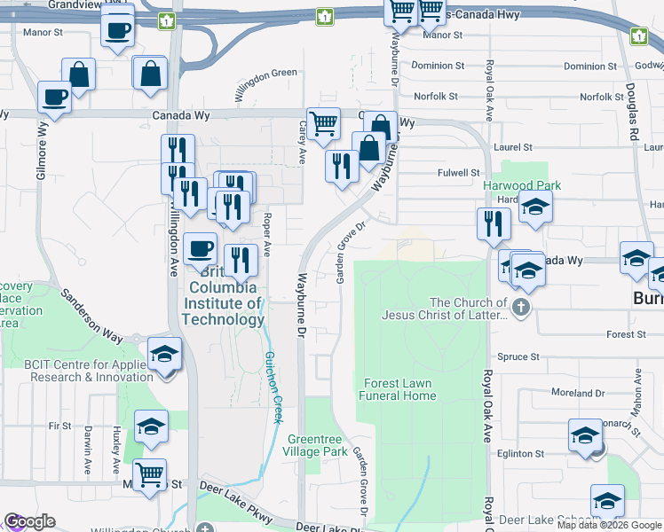 map of restaurants, bars, coffee shops, grocery stores, and more near 3811 Garden Grove Drive in Burnaby