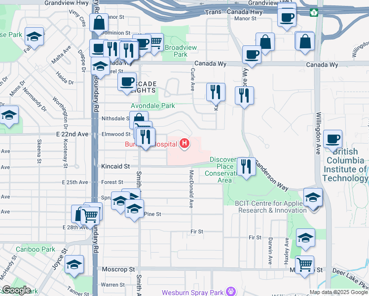 map of restaurants, bars, coffee shops, grocery stores, and more near 3935 Kincaid Street in Burnaby