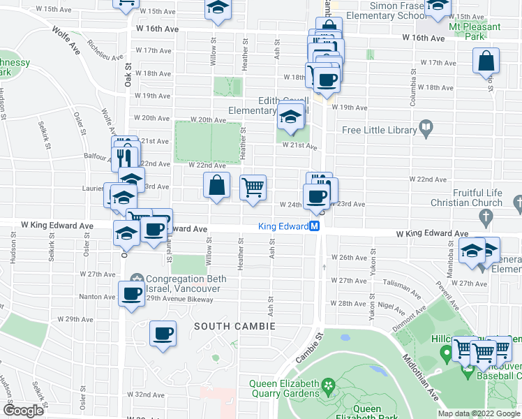 map of restaurants, bars, coffee shops, grocery stores, and more near 638 West 24th Avenue in Vancouver