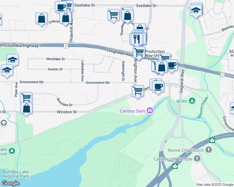 map of restaurants, bars, coffee shops, grocery stores, and more near 7905-8485 Winston St in Burnaby
