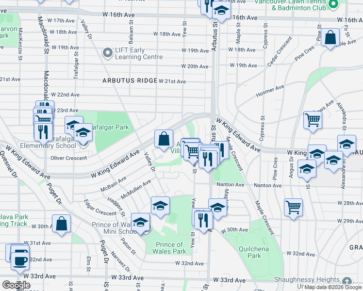 map of restaurants, bars, coffee shops, grocery stores, and more near 4101 Yew Street in Vancouver