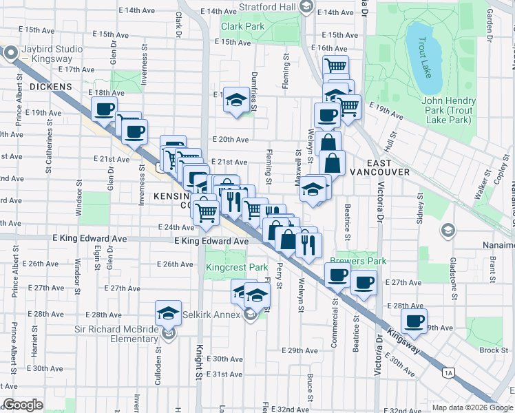 map of restaurants, bars, coffee shops, grocery stores, and more near 3973 Fleming Street in Vancouver