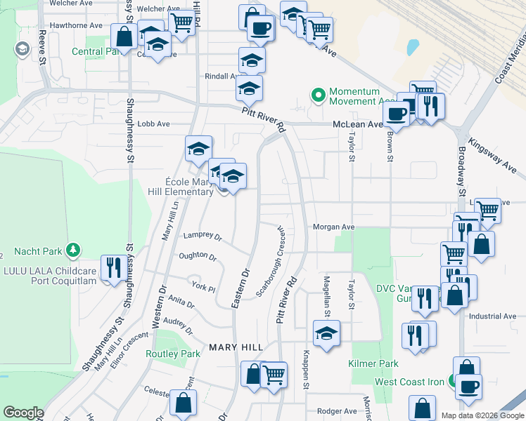 map of restaurants, bars, coffee shops, grocery stores, and more near 1843 Eastern Drive in Port Coquitlam