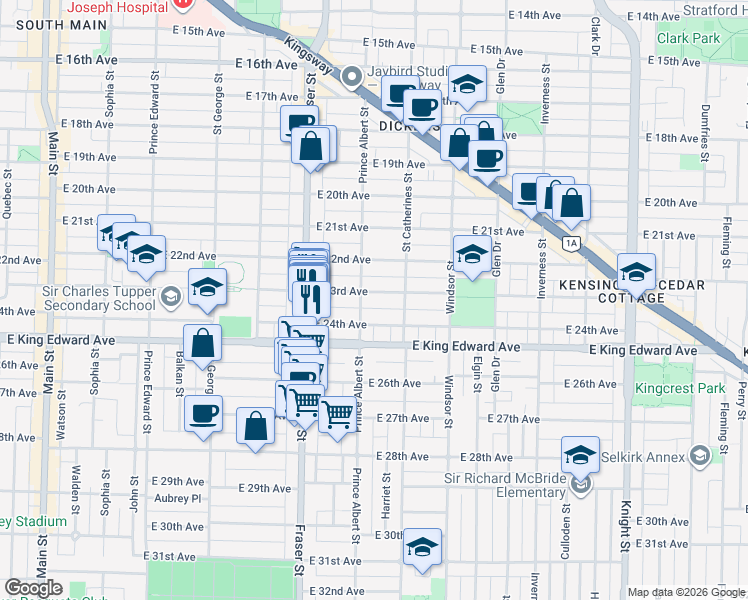 map of restaurants, bars, coffee shops, grocery stores, and more near 846 East 23rd Avenue in Vancouver
