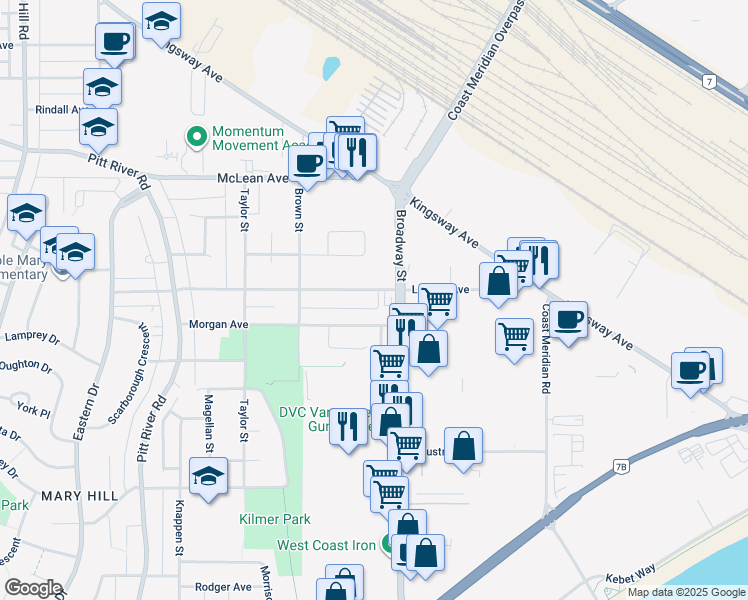 map of restaurants, bars, coffee shops, grocery stores, and more near 1736 Langan Avenue in Port Coquitlam