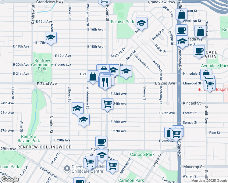 map of restaurants, bars, coffee shops, grocery stores, and more near 3323 East 23rd Avenue in Vancouver