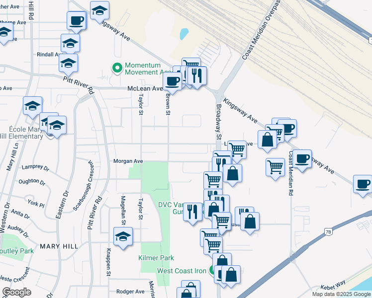 map of restaurants, bars, coffee shops, grocery stores, and more near 1762 Langan Avenue in Port Coquitlam
