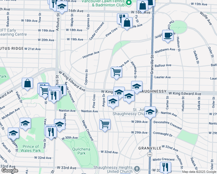 map of restaurants, bars, coffee shops, grocery stores, and more near 1751 West King Edward Avenue in Vancouver