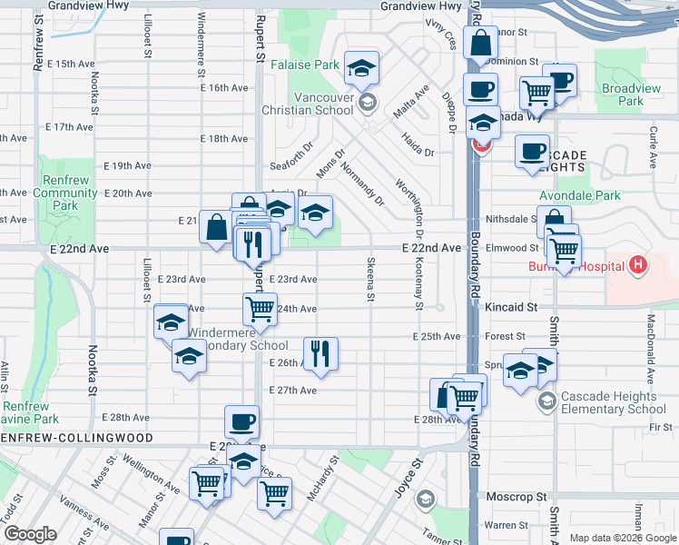 map of restaurants, bars, coffee shops, grocery stores, and more near 3431 East 23rd Avenue in Vancouver