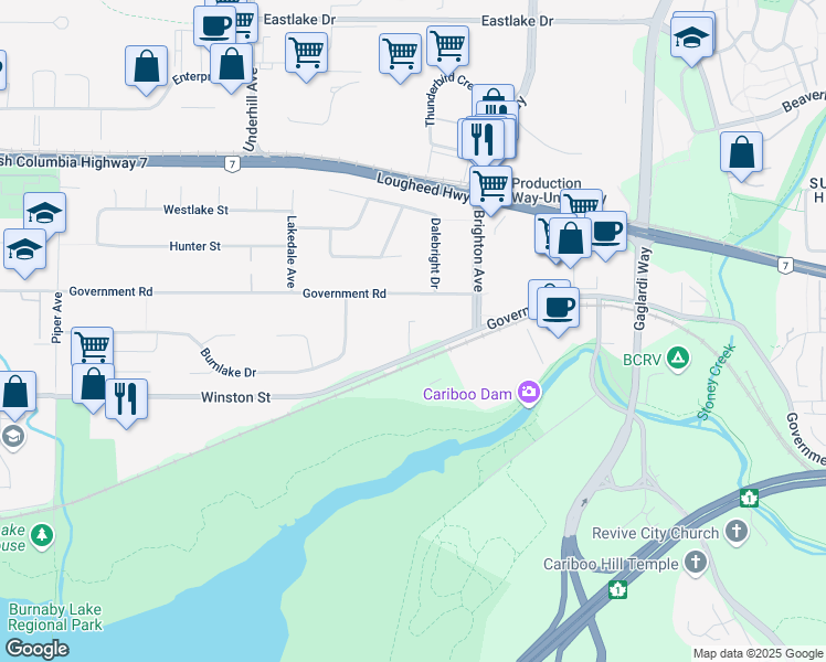 map of restaurants, bars, coffee shops, grocery stores, and more near 7905-8485 Winston St in Burnaby