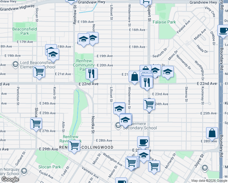 map of restaurants, bars, coffee shops, grocery stores, and more near 3850 Lillooet Street in Vancouver