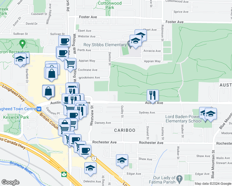 map of restaurants, bars, coffee shops, grocery stores, and more near 2307 Austin Avenue in Coquitlam