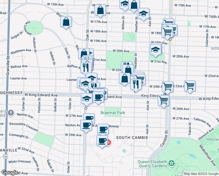 map of restaurants, bars, coffee shops, grocery stores, and more near 876 West 24th Avenue in Vancouver