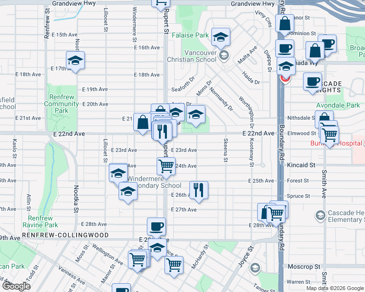 map of restaurants, bars, coffee shops, grocery stores, and more near 3351 East 23rd Avenue in Vancouver