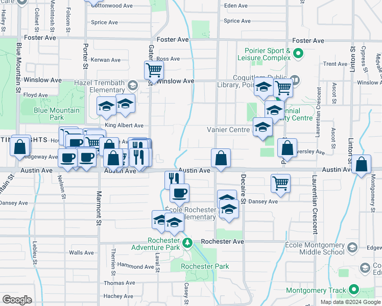 map of restaurants, bars, coffee shops, grocery stores, and more near 1406 Haversley Avenue in Coquitlam