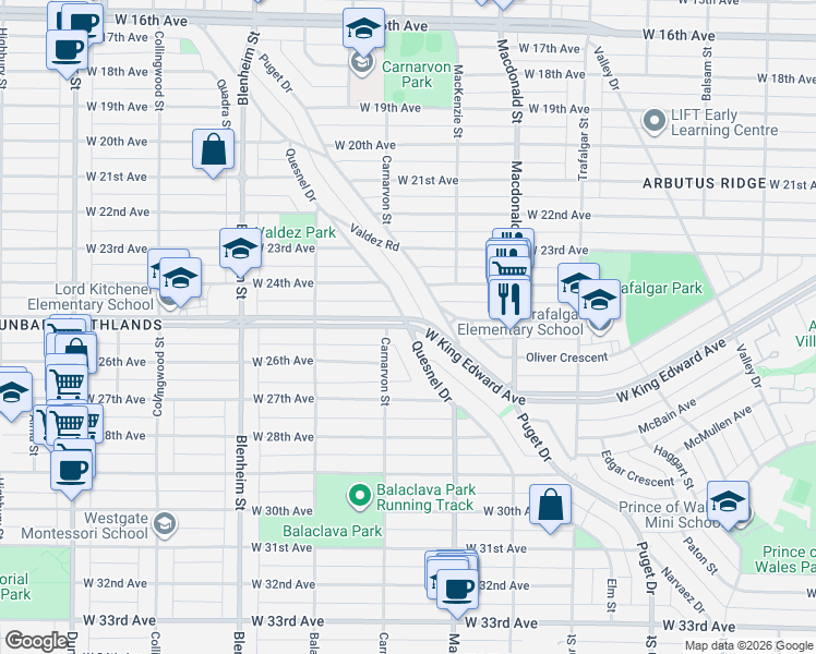 map of restaurants, bars, coffee shops, grocery stores, and more near 3000 West King Edward Avenue in Vancouver