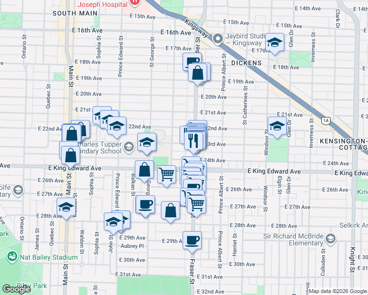 map of restaurants, bars, coffee shops, grocery stores, and more near 646 East 23rd Avenue in Vancouver