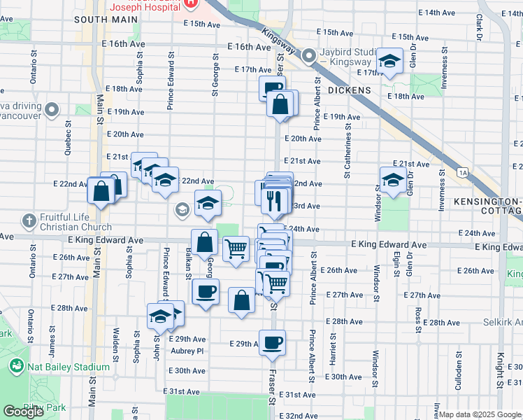 map of restaurants, bars, coffee shops, grocery stores, and more near 646 East 23rd Avenue in Vancouver