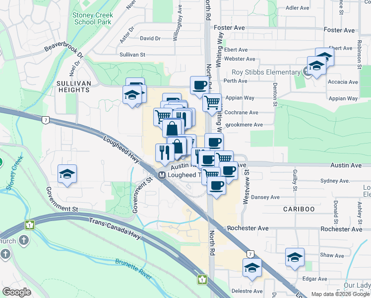 map of restaurants, bars, coffee shops, grocery stores, and more near 9859 Austin Road in Burnaby