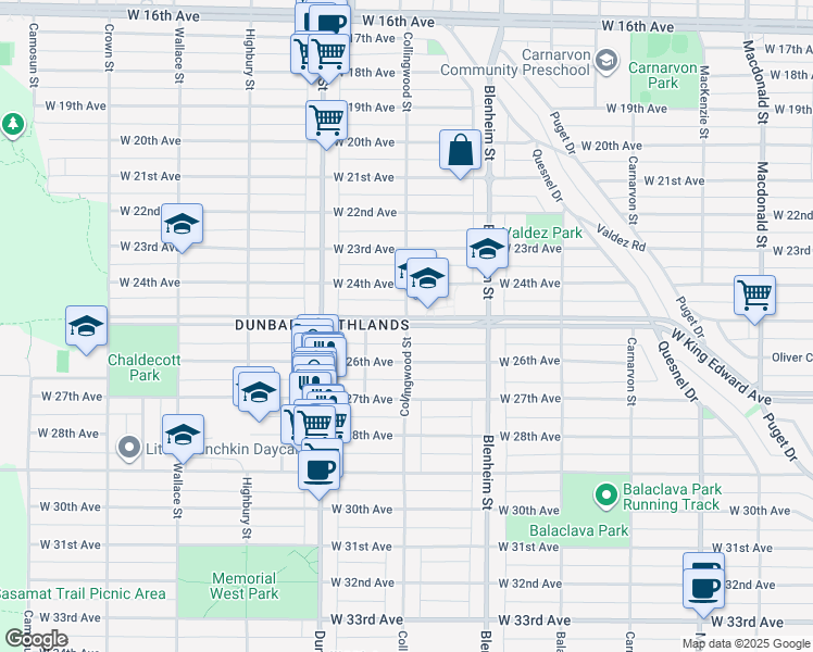 map of restaurants, bars, coffee shops, grocery stores, and more near Collingwood Street in Vancouver