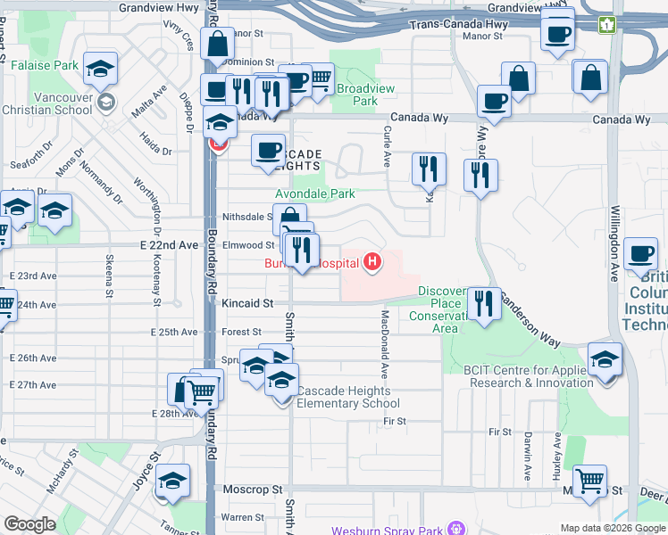 map of restaurants, bars, coffee shops, grocery stores, and more near 3885 Ingleton Avenue in Burnaby