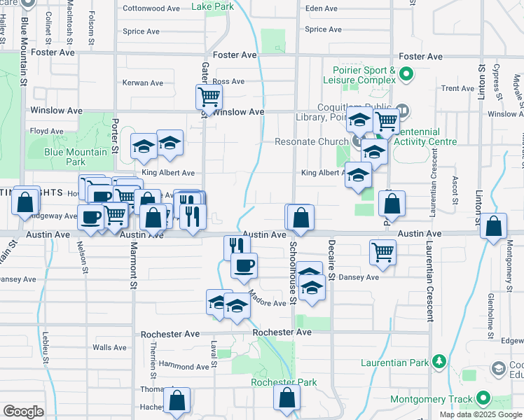 map of restaurants, bars, coffee shops, grocery stores, and more near 1408 Haversley Avenue in Coquitlam