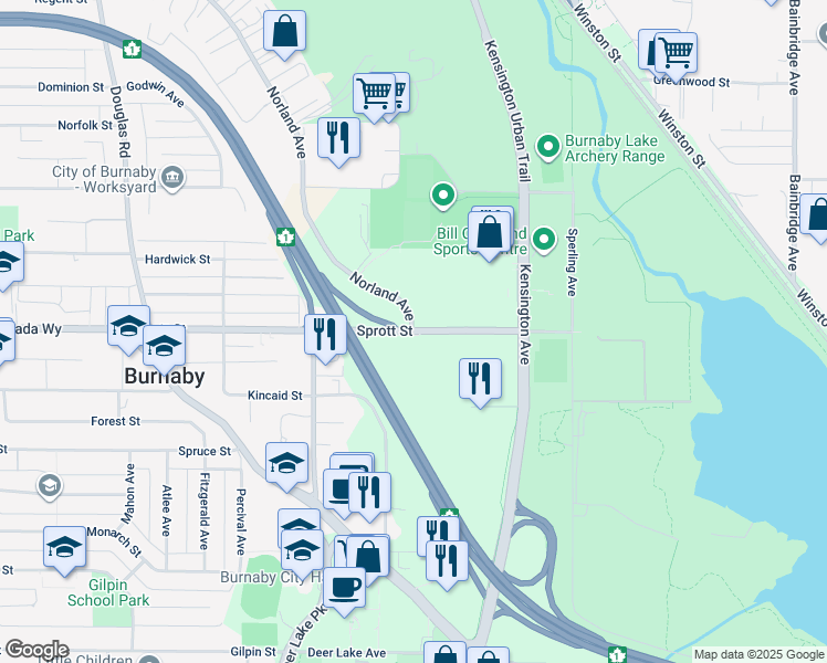 map of restaurants, bars, coffee shops, grocery stores, and more near Sprott St & Norland Ave in Burnaby