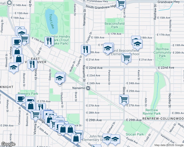 map of restaurants, bars, coffee shops, grocery stores, and more near 2465 East 23rd Avenue in Vancouver