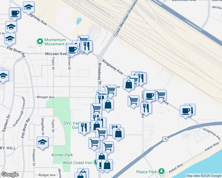 map of restaurants, bars, coffee shops, grocery stores, and more near 1642 Langan Avenue in Port Coquitlam