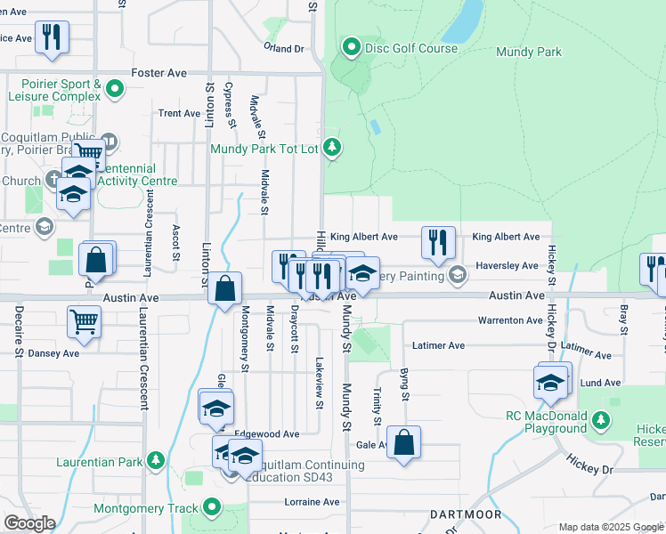 map of restaurants, bars, coffee shops, grocery stores, and more near 2198 Haversley Ave in Coquitlam