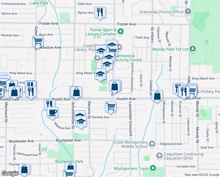 map of restaurants, bars, coffee shops, grocery stores, and more near 516 Poirier Street in Coquitlam
