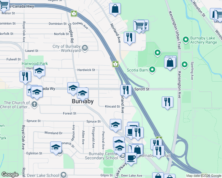 map of restaurants, bars, coffee shops, grocery stores, and more near 6009 Sprott Street in Burnaby