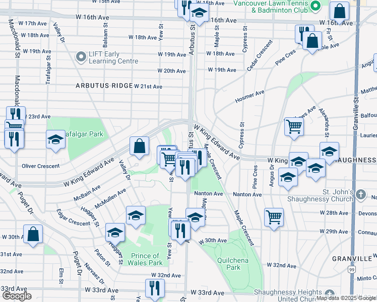 map of restaurants, bars, coffee shops, grocery stores, and more near 4039 Arbutus Street in Vancouver