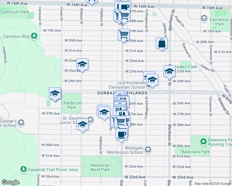 map of restaurants, bars, coffee shops, grocery stores, and more near West King Edward Avenue in Vancouver