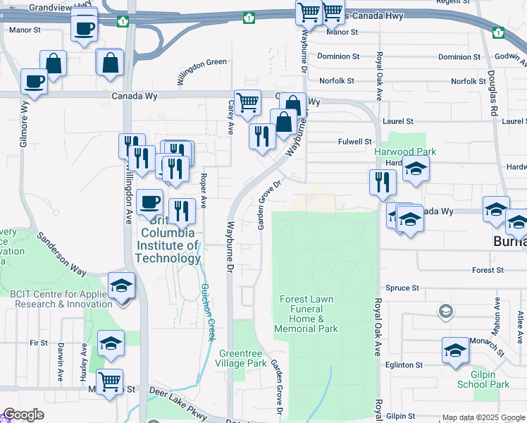 map of restaurants, bars, coffee shops, grocery stores, and more near 3812 Garden Grove Drive in Burnaby