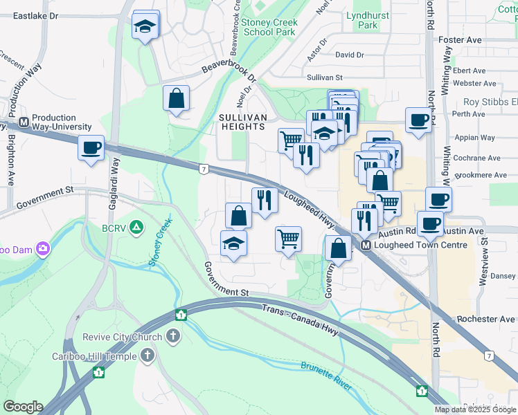 map of restaurants, bars, coffee shops, grocery stores, and more near 9202 Horne Street in Burnaby
