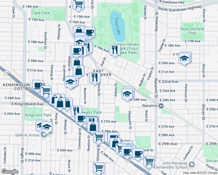 map of restaurants, bars, coffee shops, grocery stores, and more near 2050 East 22nd Avenue in Vancouver